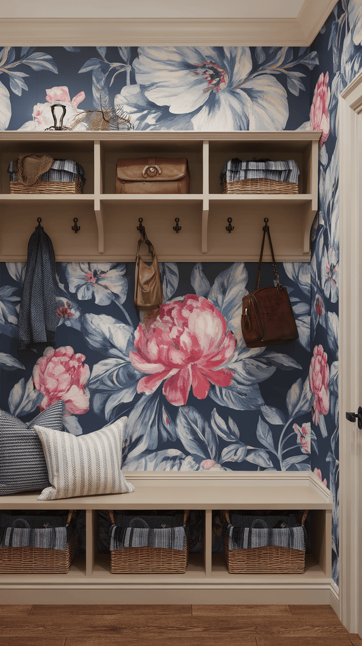 A stylish mudroom with floral wallpaper, shelves, and storage baskets.