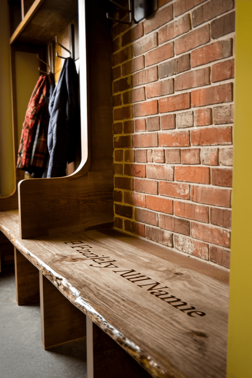 Wooden storage bench with engraved family name in a cozy mudroom