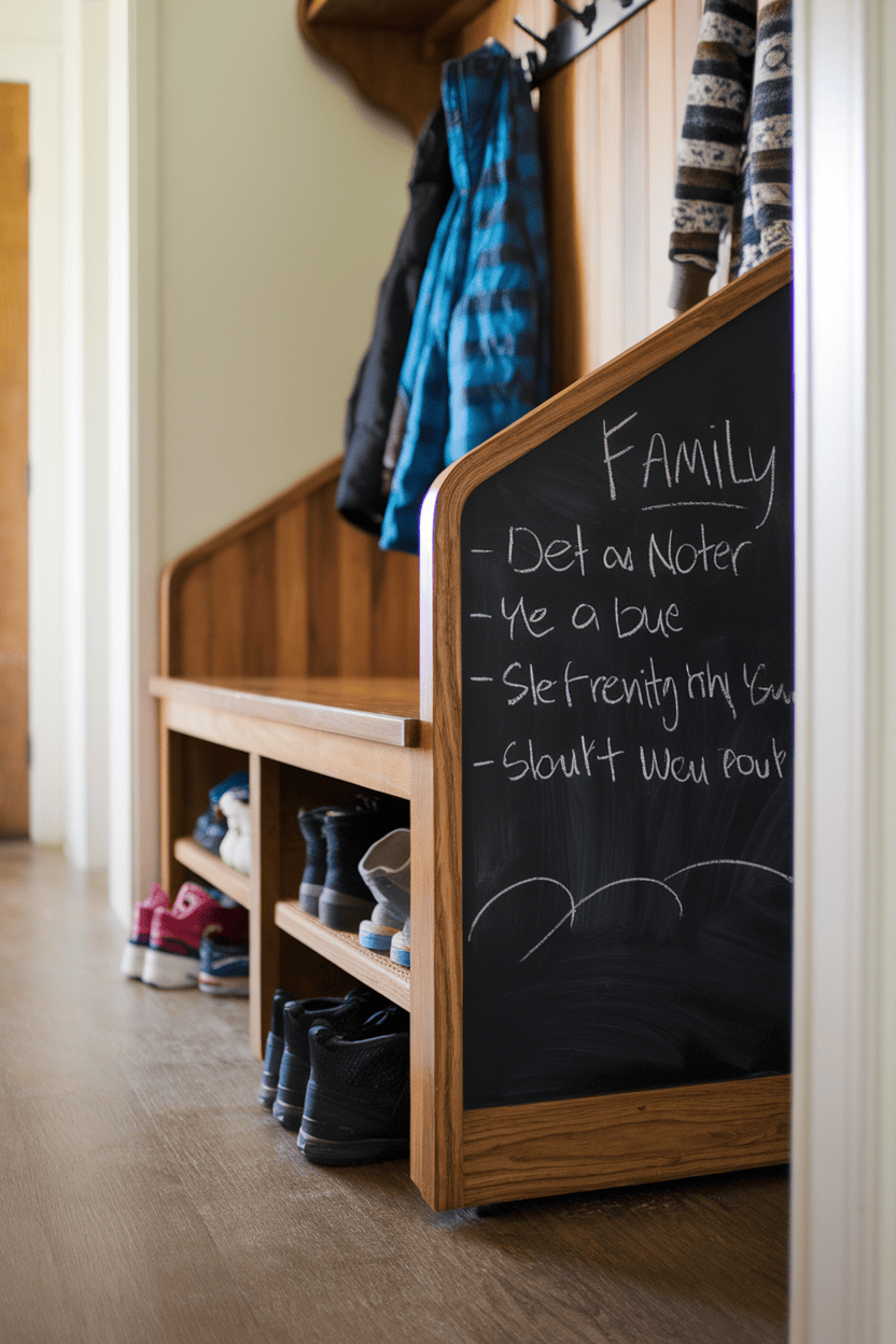 A cozy entryway with a chalkboard message board and wooden storage bench, featuring neatly arranged shoes.