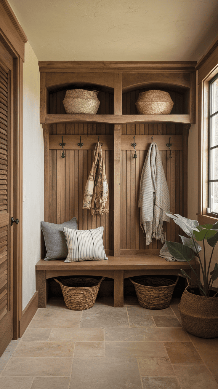 A cozy Spanish mudroom with wooden storage, hooks, and a tile floor