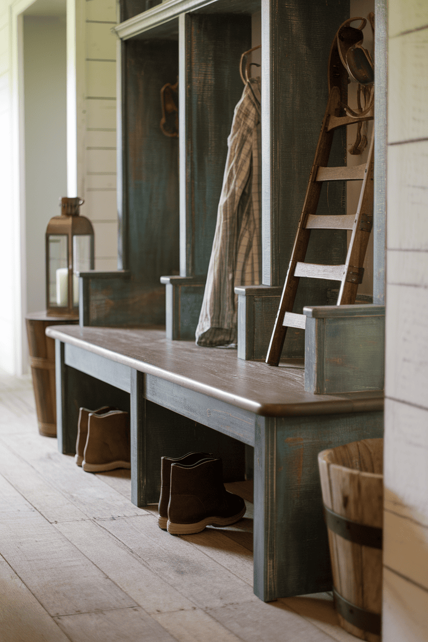 Cozy entryway with wooden storage bench and rustic charm