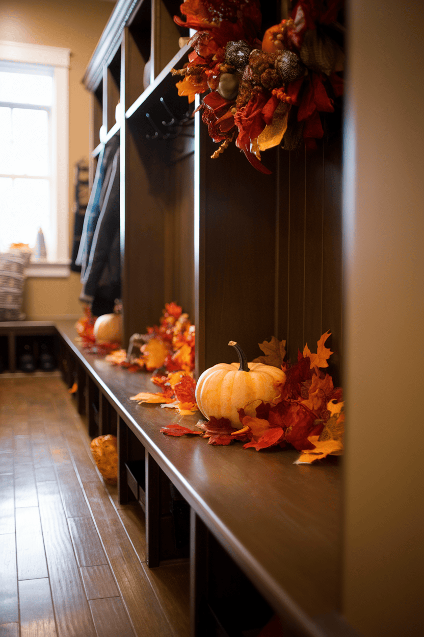 A cozy mudroom with a wooden storage bench decorated with pumpkins and autumn leaves.