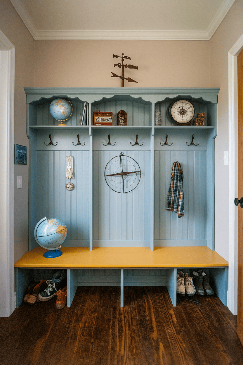 Organized entryway with wooden storage bench and hooks.