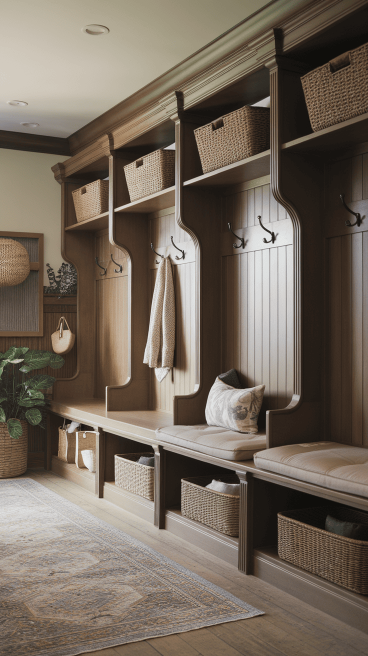 A beautifully designed Victorian farmhouse mudroom with storage shelves and cozy seating.