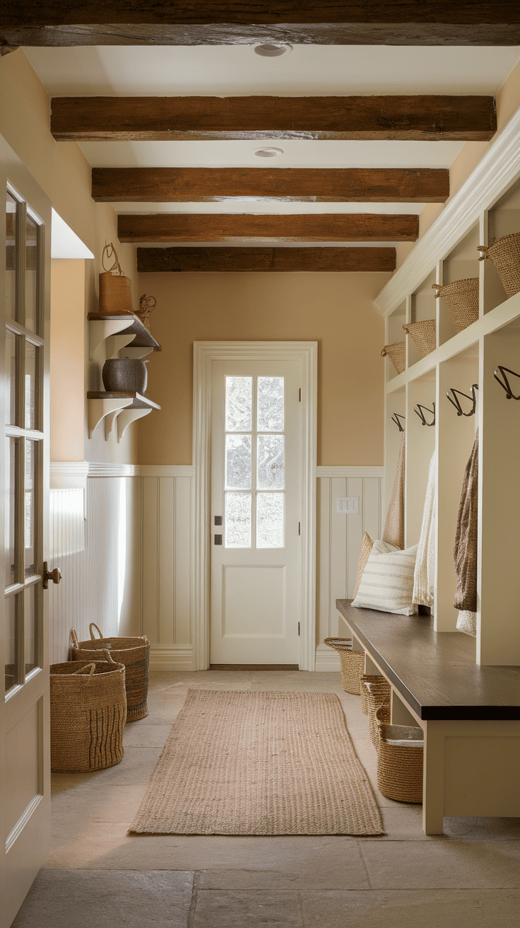 A charming Spanish inspired mudroom with wooden beams, baskets, and a welcoming atmosphere.