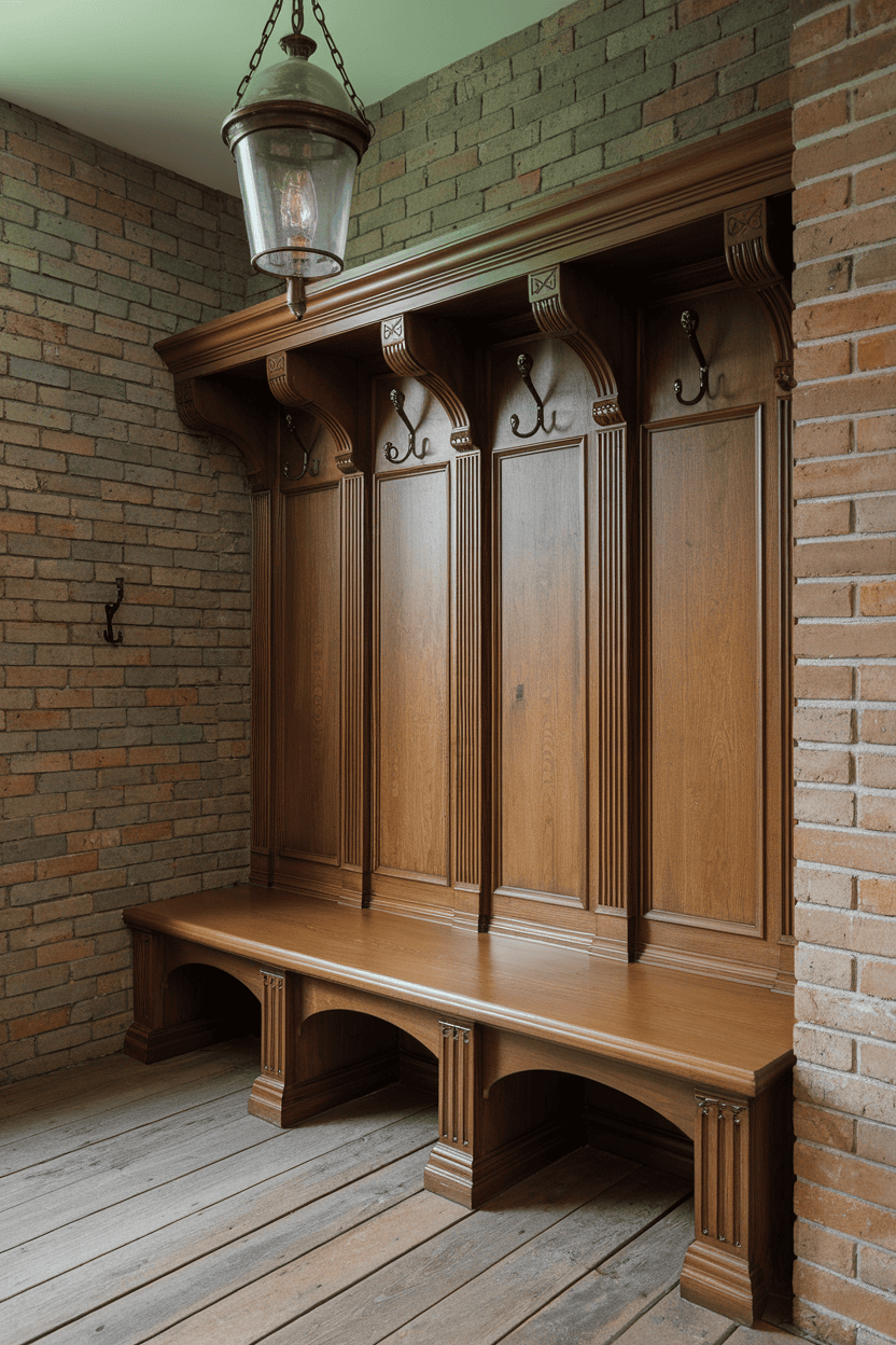 A traditional wooden storage bench with hooks, designed for an entryway