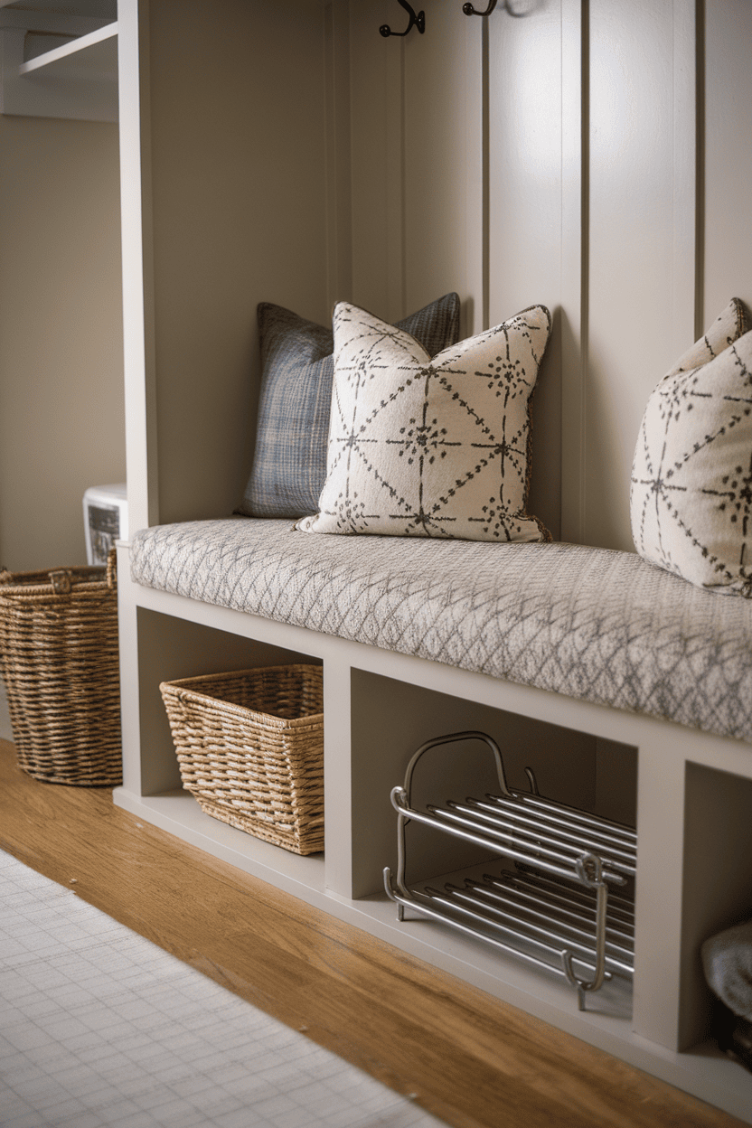 A cozy upholstered bench with pillows and woven baskets in a mudroom setting.