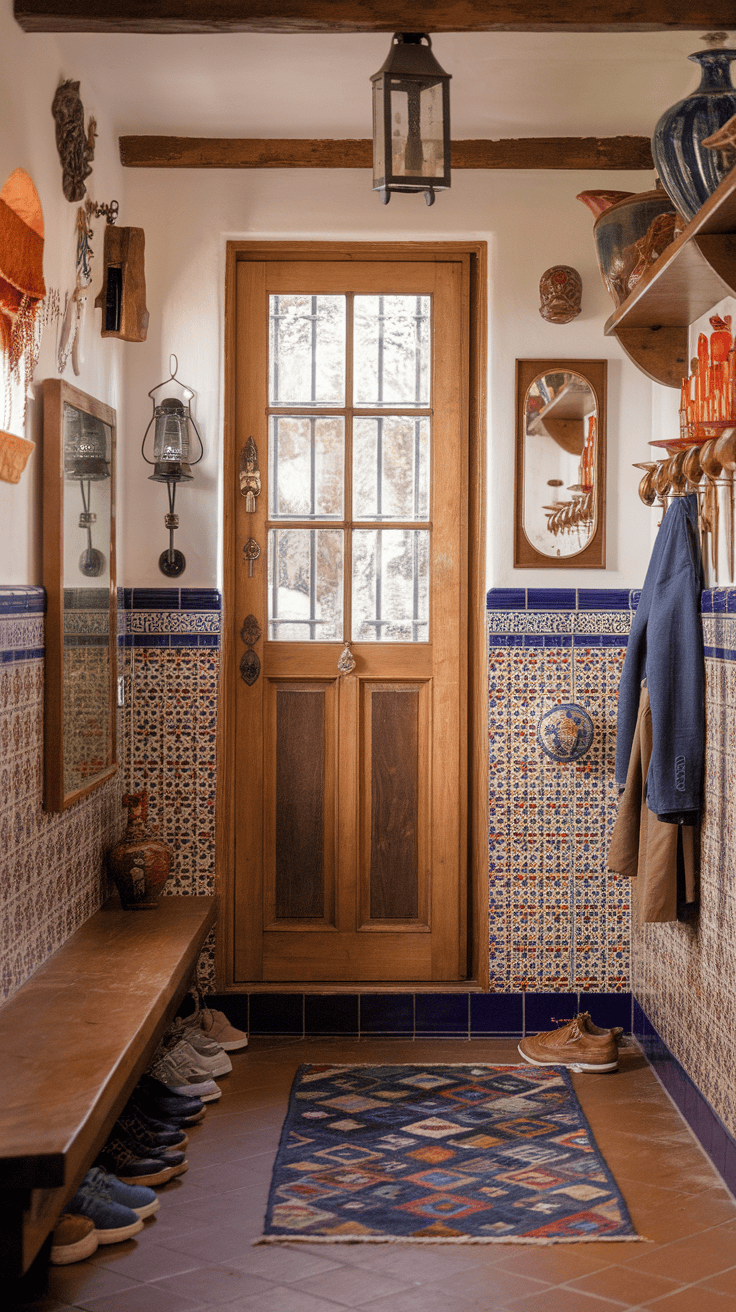 A beautifully arranged Spanish-inspired mudroom featuring colorful ceramic tiles, wooden bench, and rustic decor.