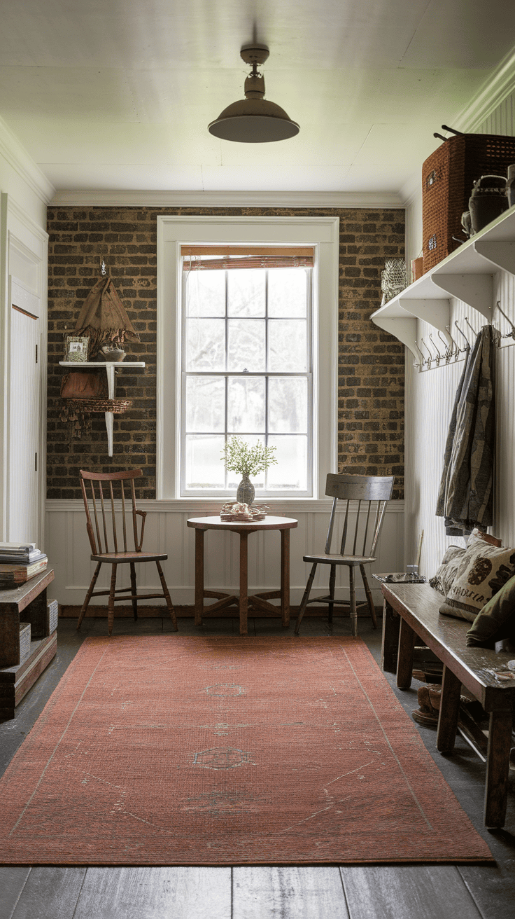 A cozy Victorian farmhouse mudroom with a seating area featuring two wooden chairs and a small round table by a large window.