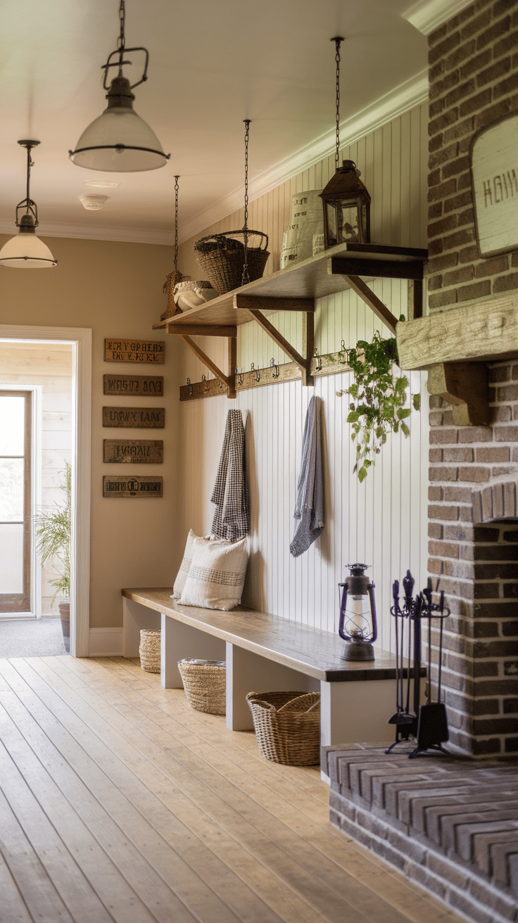 Interior of a Victorian farmhouse mudroom with antique lighting, wooden shelves, and a cozy atmosphere.