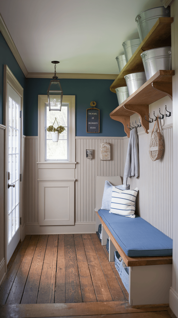 A cozy Victorian farmhouse mudroom featuring classic wainscoting, a wooden bench with blue cushions, and decorative elements like hanging plants and hooks.