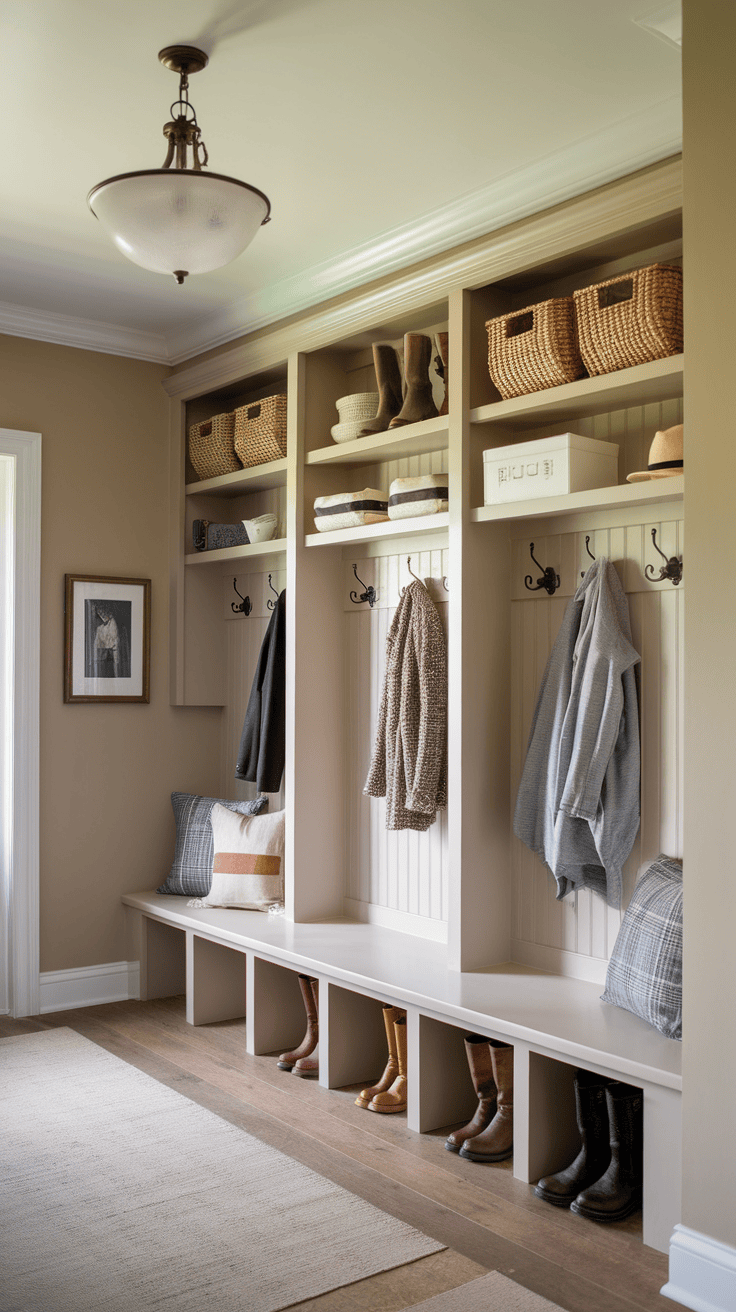 Victorian farmhouse mudroom with open shelving, seating, and organized storage.