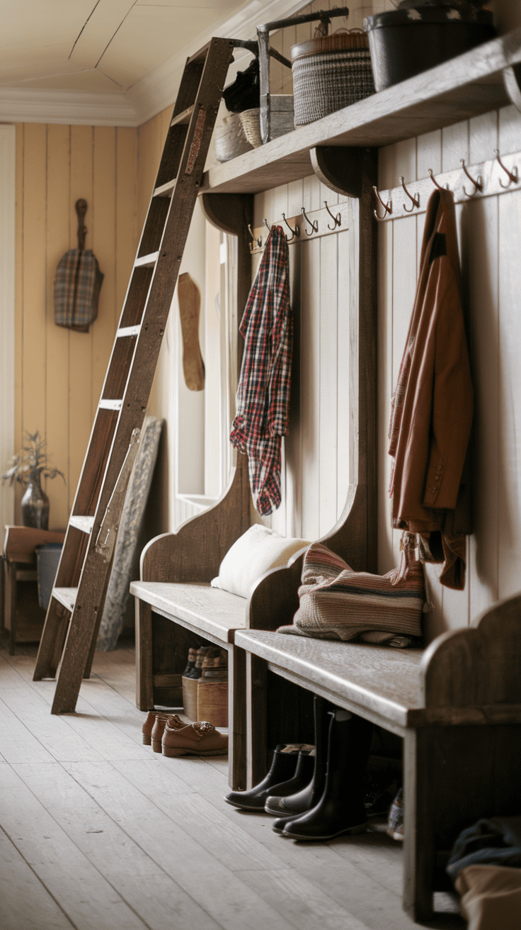 Interior view of a Victorian farmhouse mudroom featuring rustic benches and a ladder.