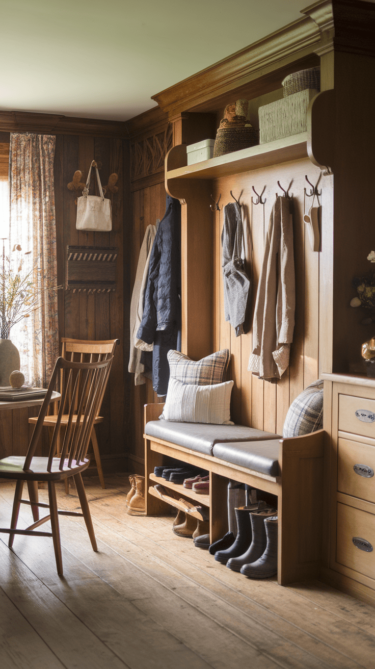 Cozy Victorian farmhouse mudroom featuring warm wooden accents, a bench, and organized hooks.