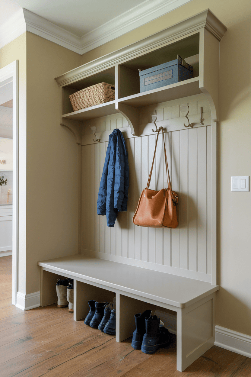 A wall-mounted bench with hooks and storage, featuring an organized entryway.