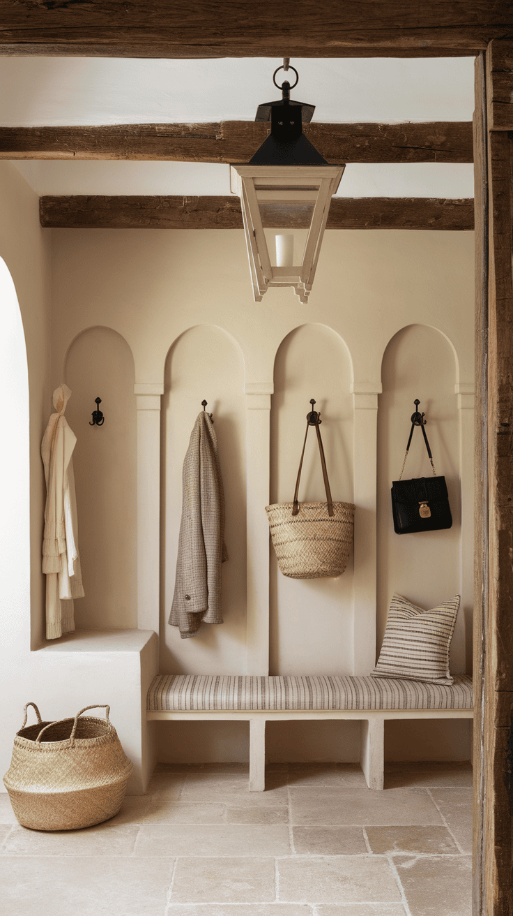 A stylish Spanish inspired mudroom with wooden beams, hooks, and a cozy bench.