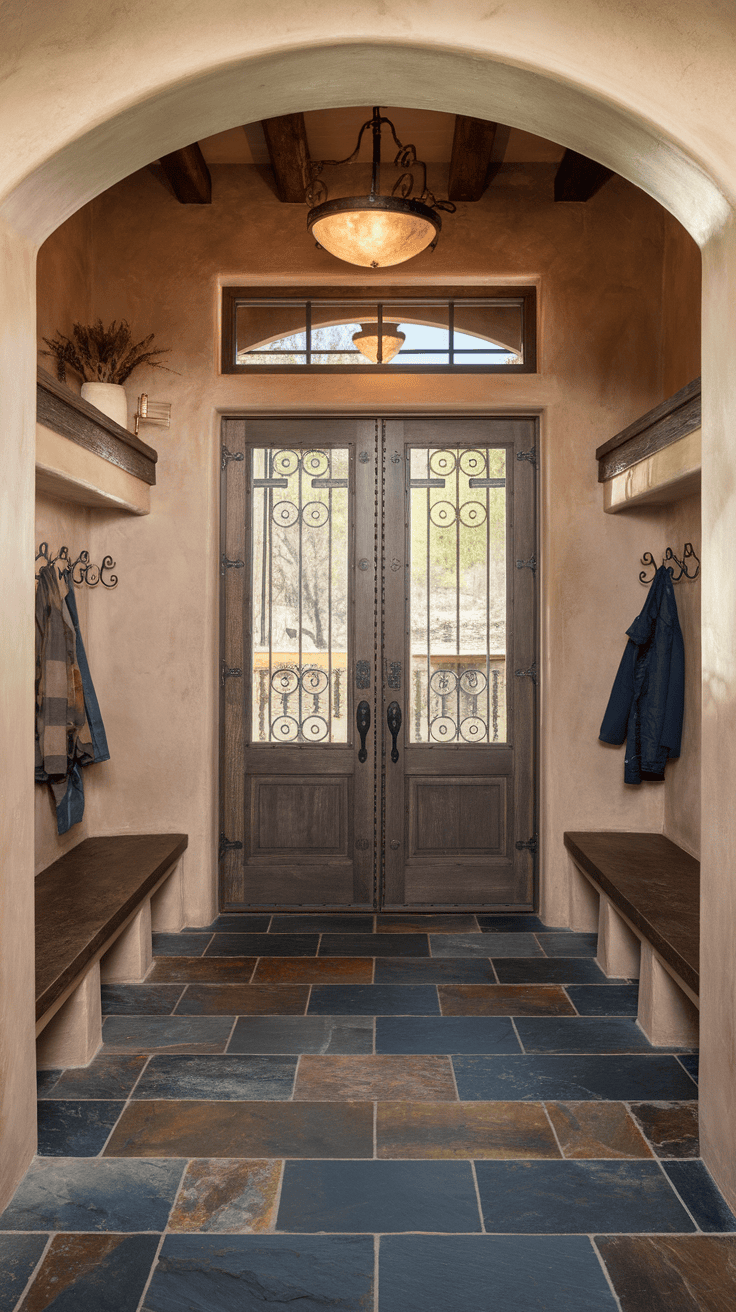 A Spanish-inspired mudroom featuring wrought iron doors, stone floor, and wooden benches.