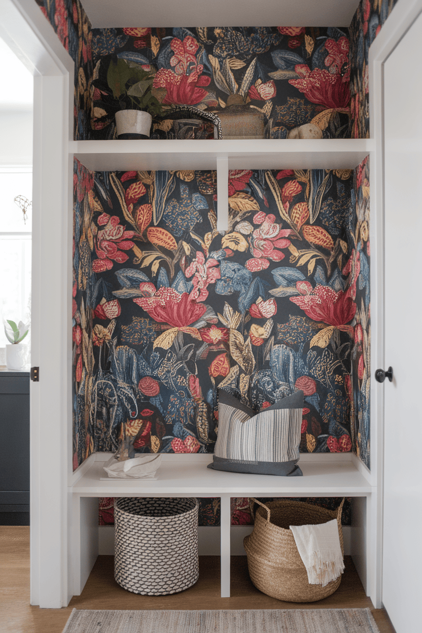 A small mudroom featuring a coat rack with jackets and scarves, a wooden bench, and woven baskets for storage.