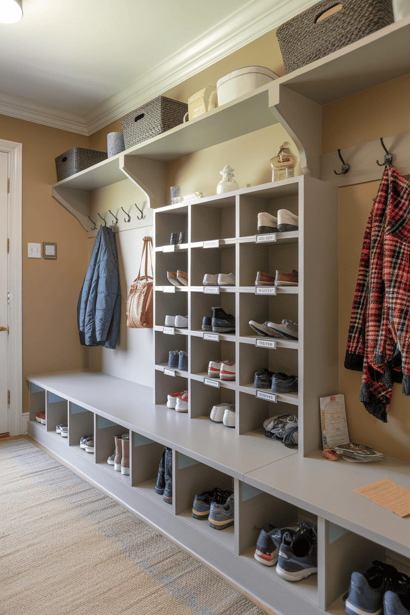 Mudroom with a cubby wall featuring labeled compartments for shoes and overhead storage