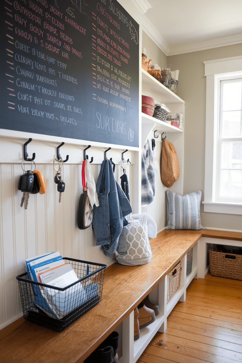 A functional family command center in a mudroom with a chalkboard, hooks, and storage solutions.