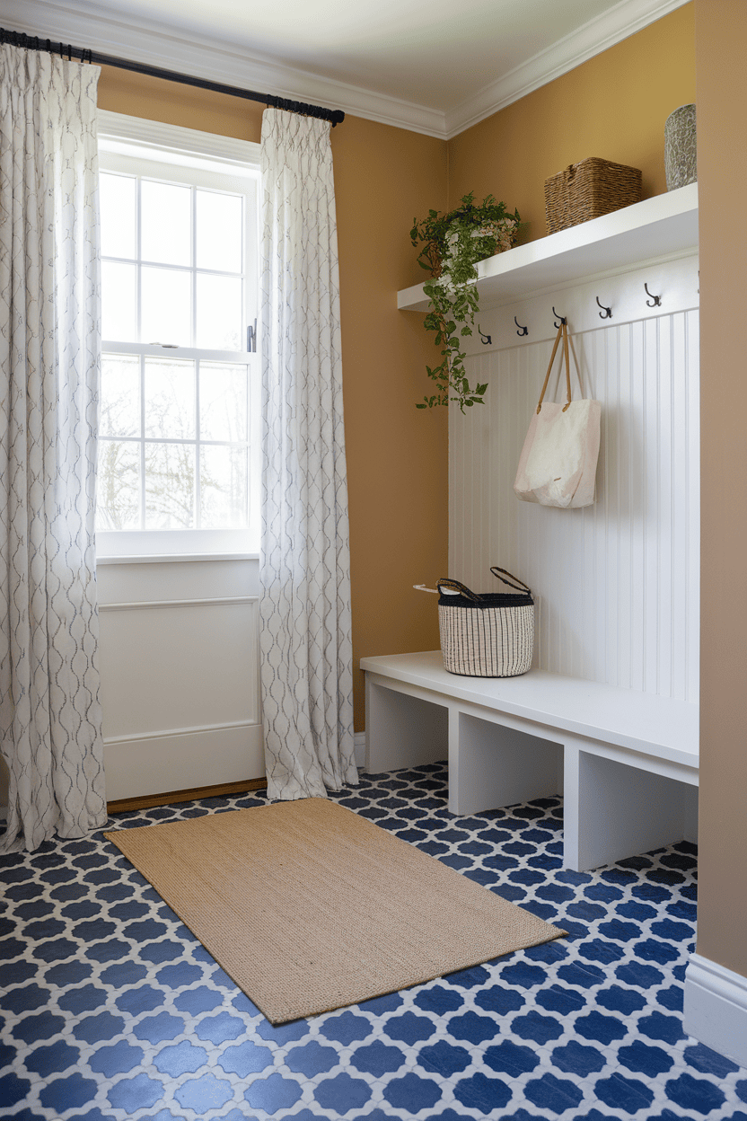 A mudroom featuring funky patterned blue and white tiles, warm wall colors, and stylish decor.