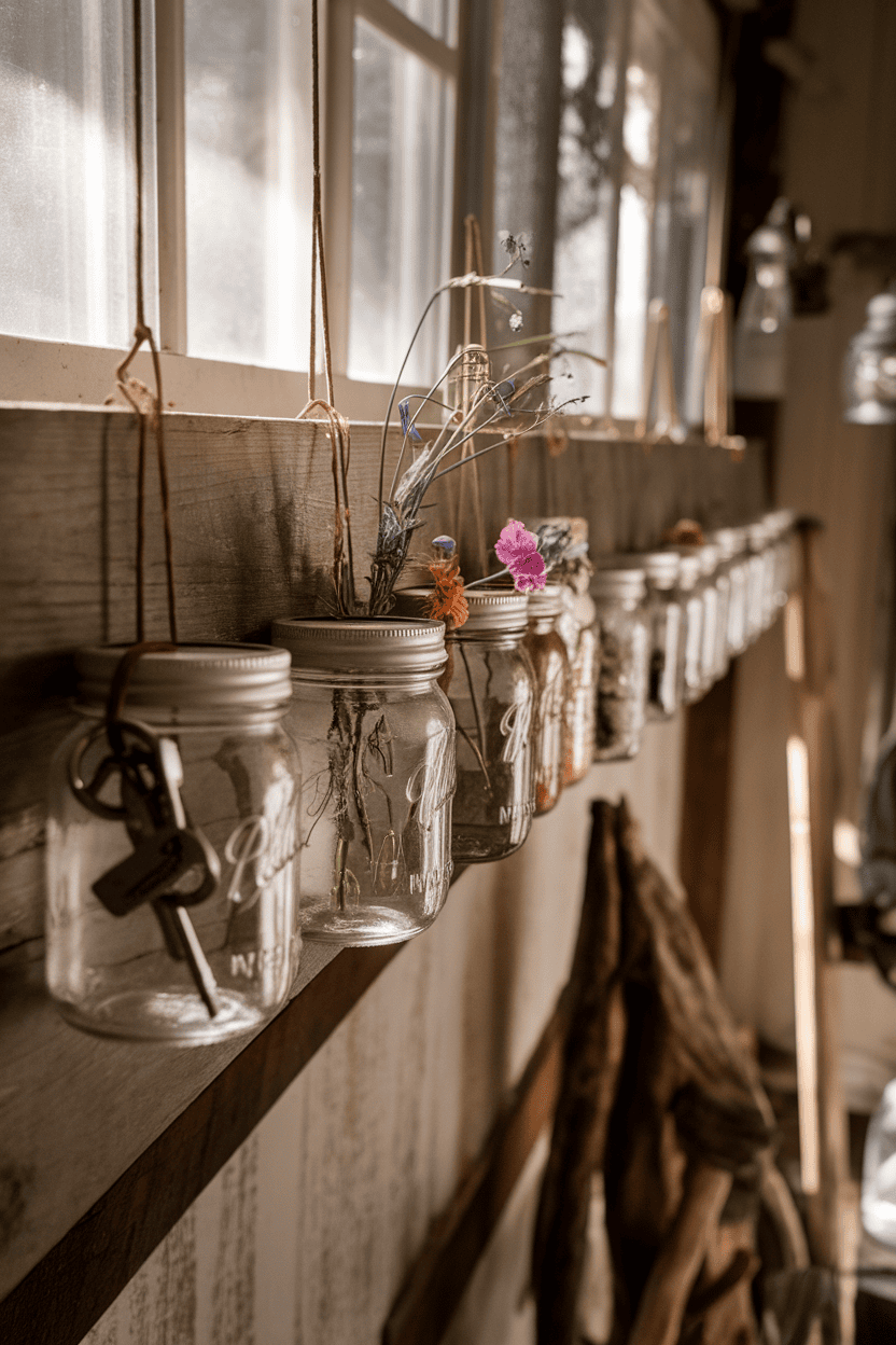 Rustic mason jar organizers filled with flowers, hanging on a wooden shelf