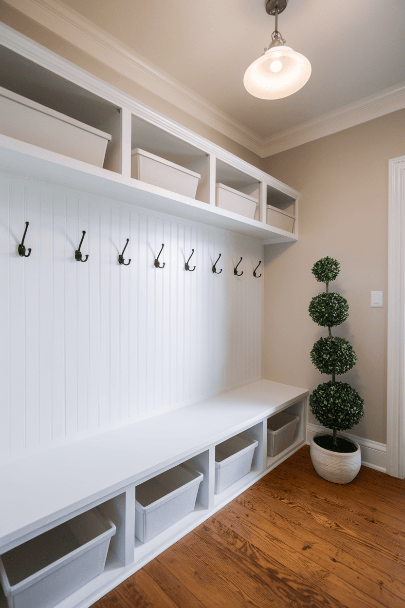 Bright and spacious minimalist mudroom closet with hooks and storage bins