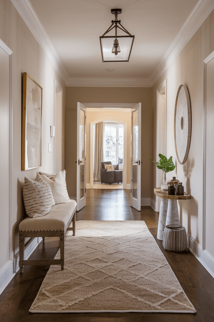 A cozy mudroom hallway featuring a soft rug, a bench with pillows, and stylish decor.