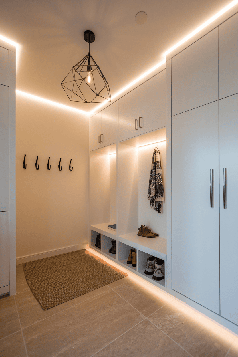 Modern mudroom with stylish pendant light and LED strip lighting