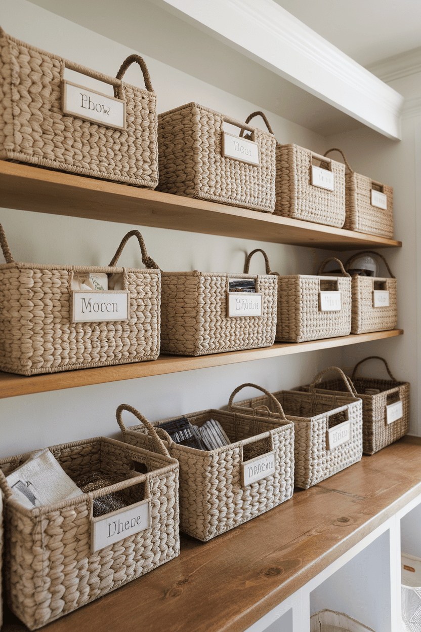 Woven baskets organized on shelves in a farmhouse mudroom.