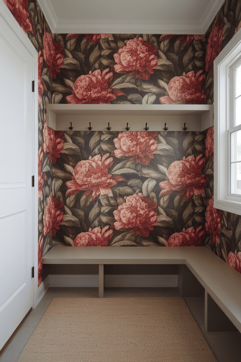 Mudroom with floral wallpaper, bench, and coat hooks