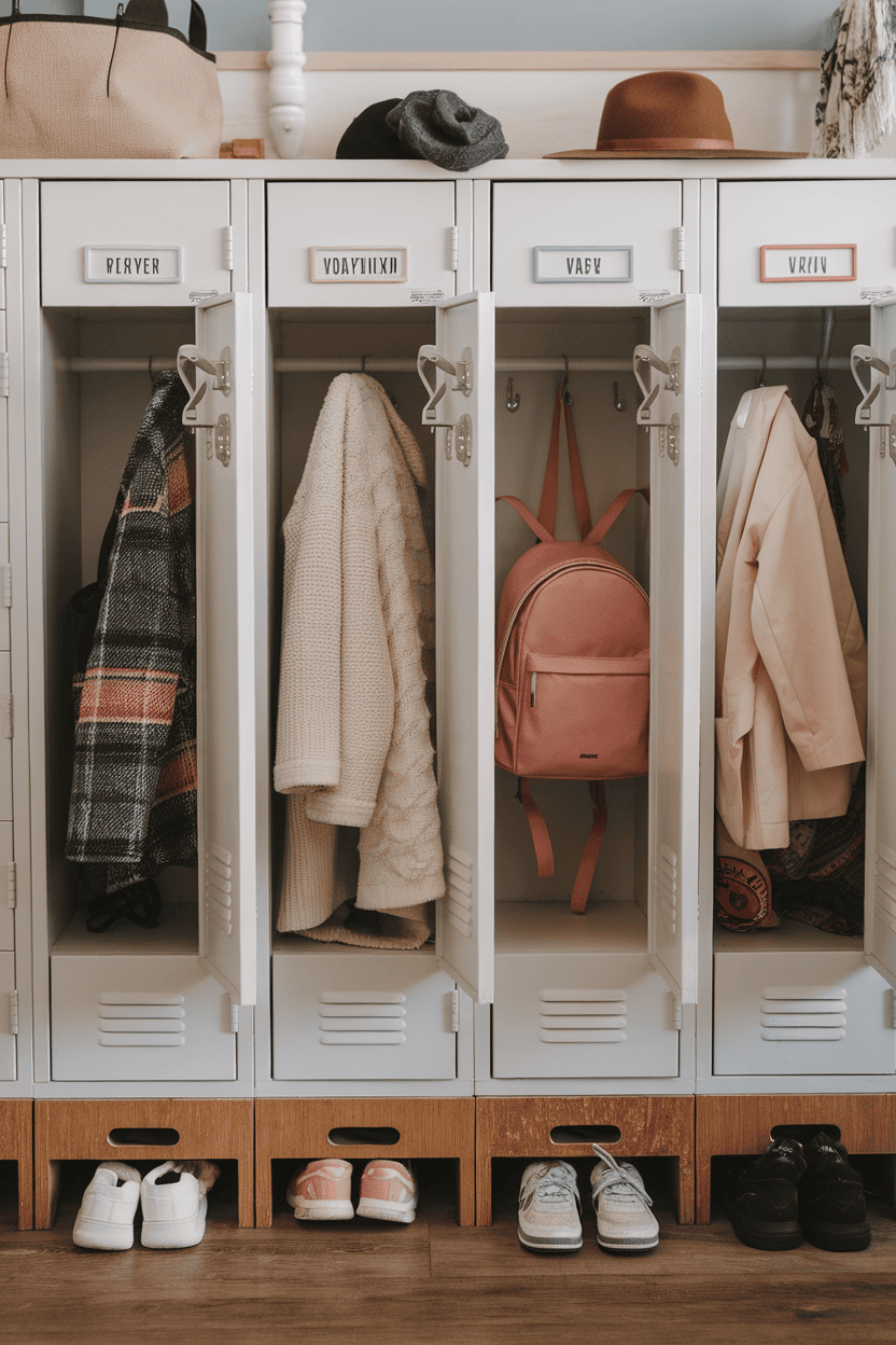 Lockers in a mud room with coats, backpacks, and shoes organized inside.