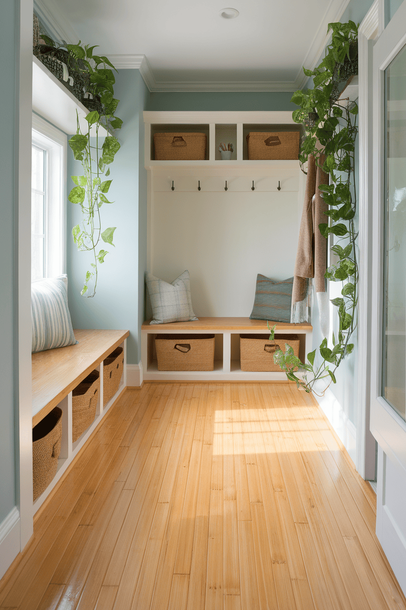 Shiny bamboo flooring with green plants in a mudroom