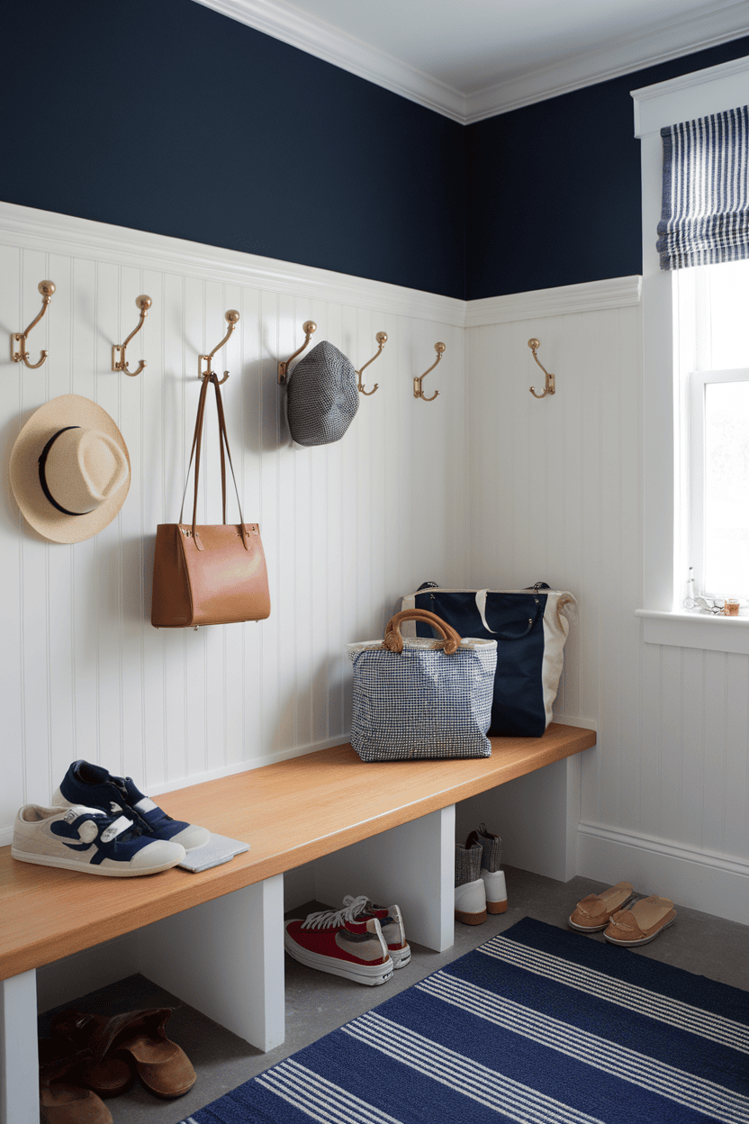 A modern mudroom with navy blue color-blocked walls, featuring a wooden bench, hooks for hanging bags and hats, and a striped rug.