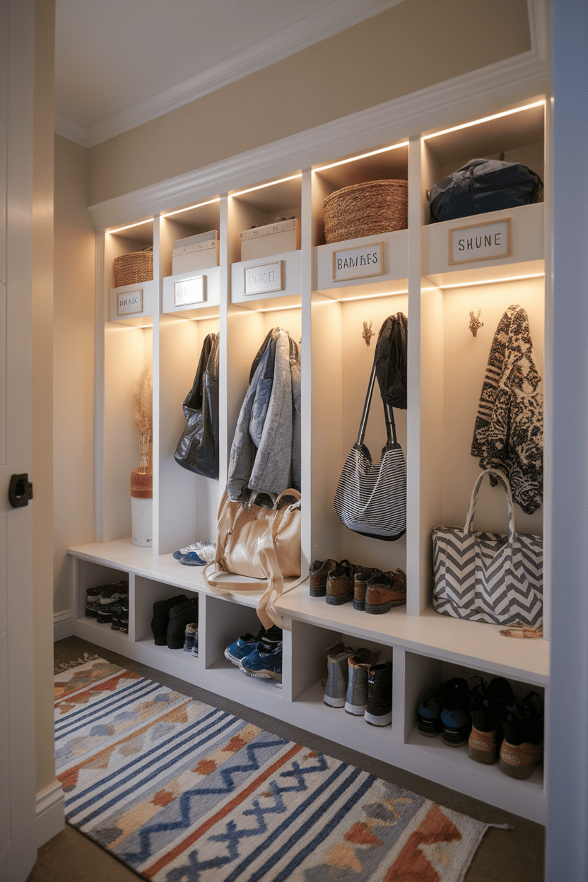 A stylish mudroom with cubby storage, hooks for jackets, and organized baskets, showcasing a neat and functional entryway.