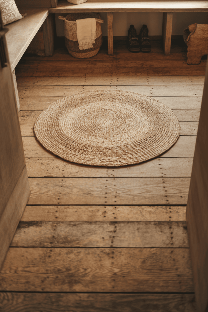 A rustic mudroom featuring distressed wood flooring and a round jute rug.