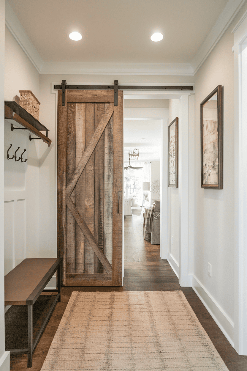 Mudroom hallway featuring sliding barn doors, a bench, hooks, and a rug