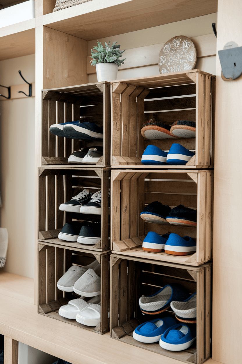 Wooden crates stacked with various types of shoes displayed for storage in a mudroom.