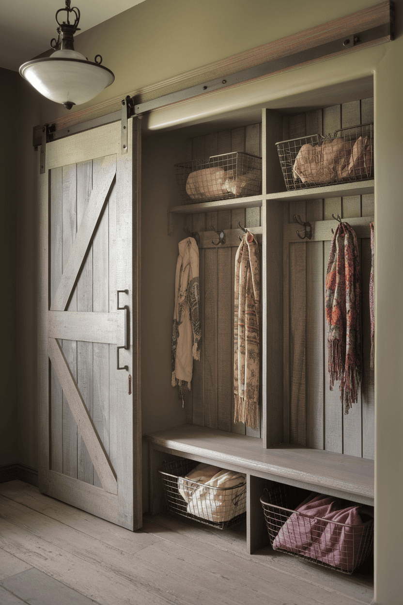 A vintage-inspired mudroom closet with a sliding barn door, wooden shelves, and wire baskets.