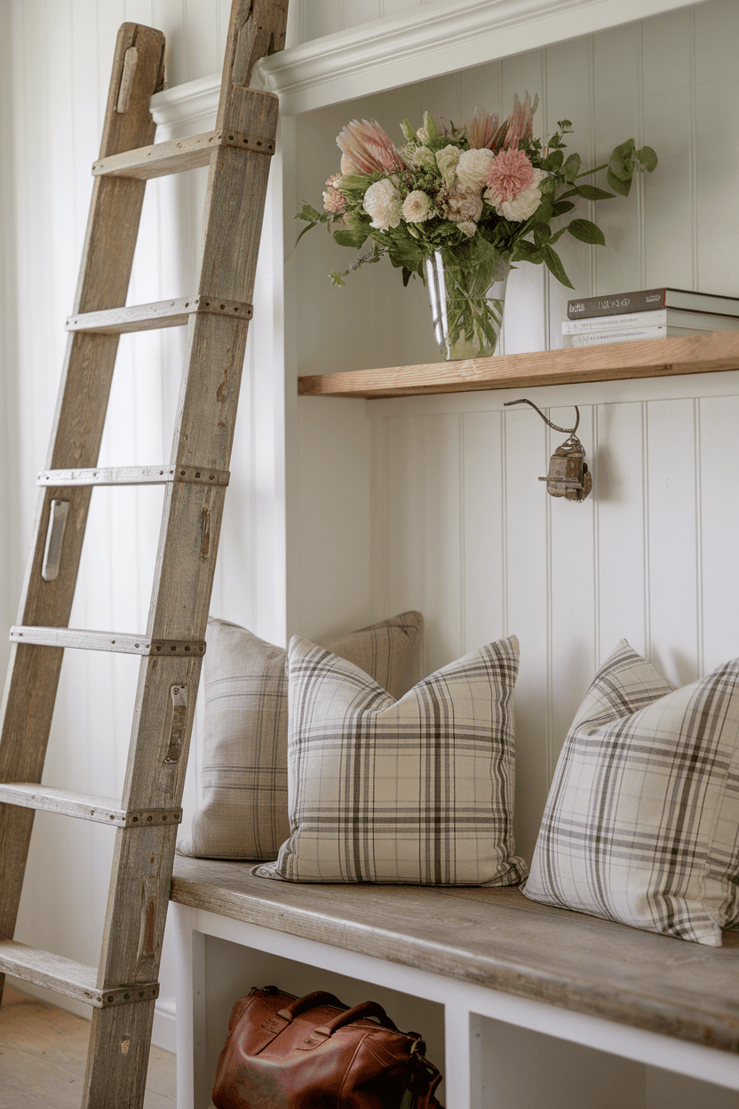 A cozy sitting nook in a mudroom featuring a rustic bench, plaid pillows, a bouquet of flowers, and a ladder.