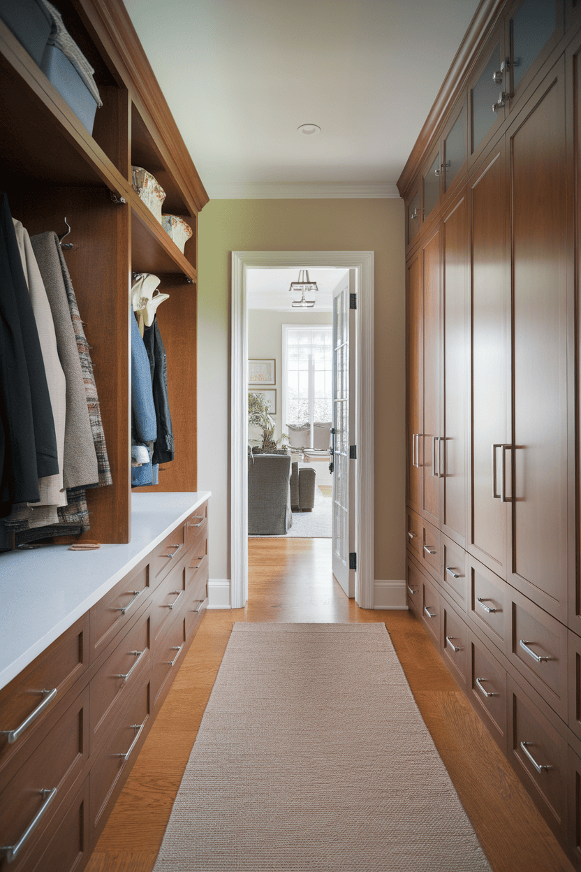 Mudroom hallway featuring custom cabinetry with storage for coats and shoes