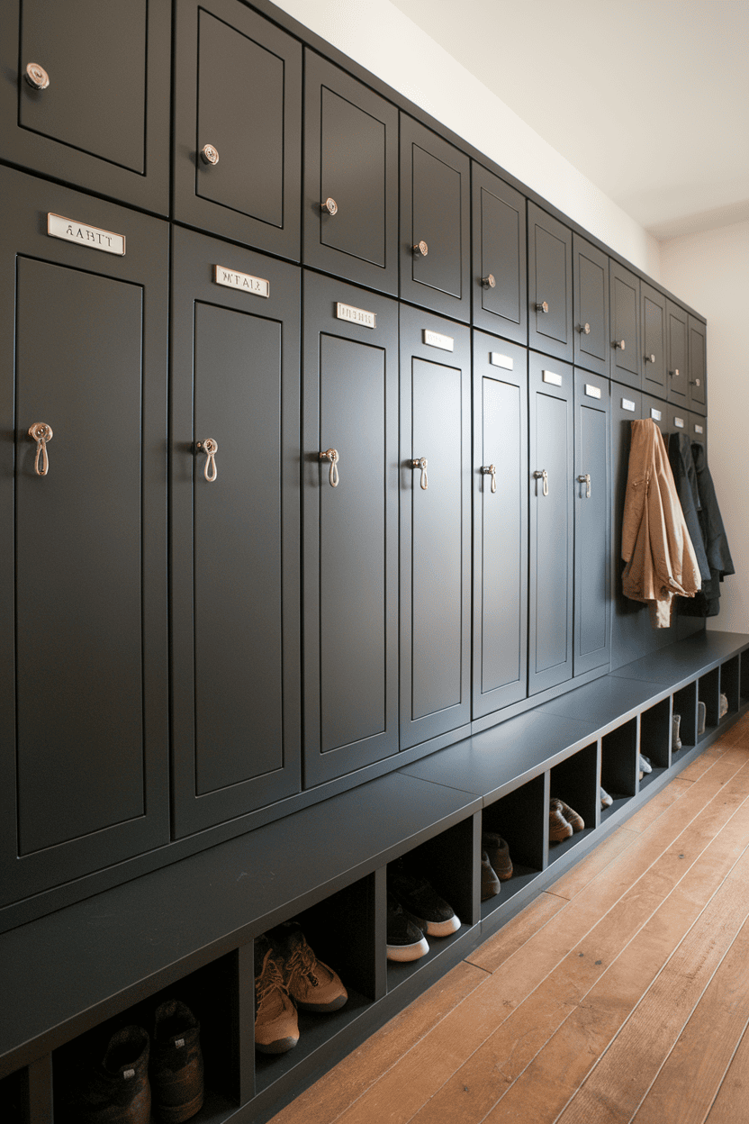 Modern mudroom lockers with dark finish and a bench below