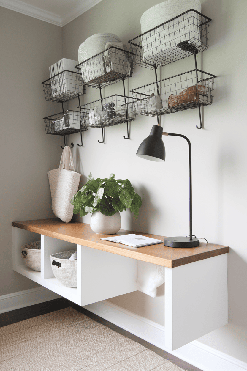 A modern mudroom featuring a desk nook with wooden countertop, wall-mounted wire baskets, a lamp, and a potted plant.