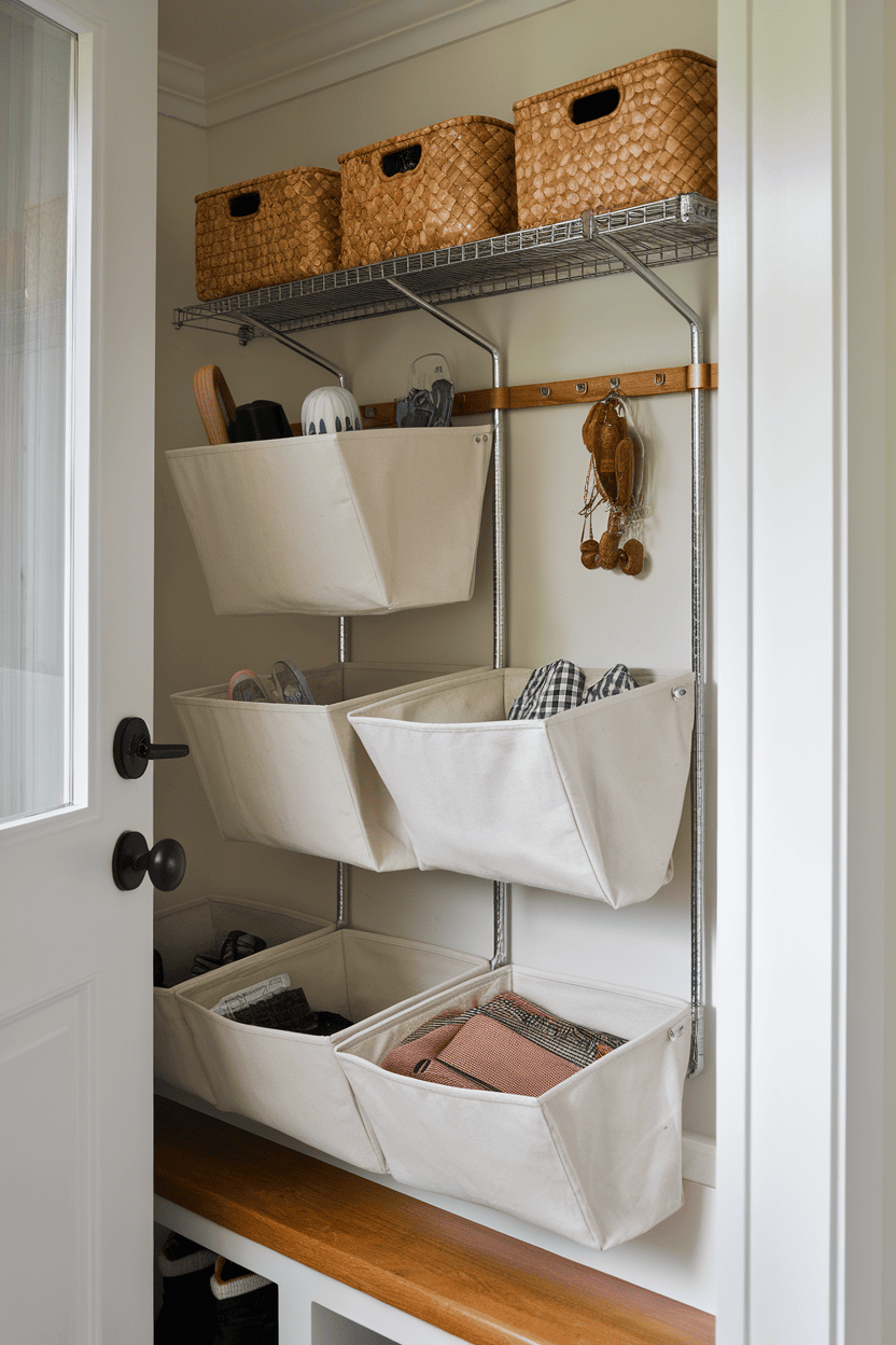 Neatly organized over-the-door storage in a mudroom with fabric bins and woven baskets.