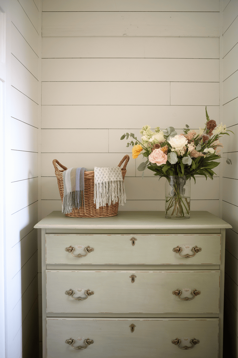 A vintage green dresser with decorative handles next to a woven basket and a vase of flowers in a bright mudroom.