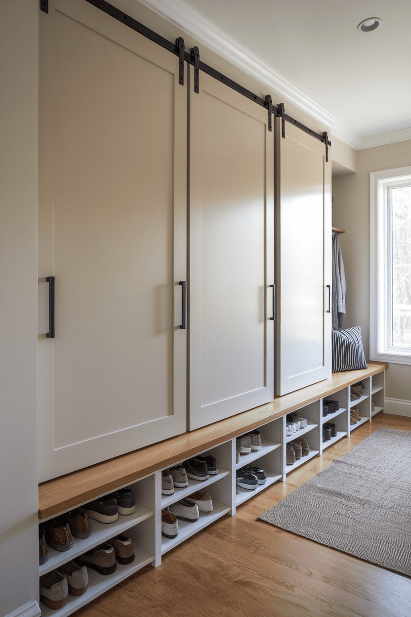 Mudroom with sliding doors for shoe storage, showing a neat and organized space.