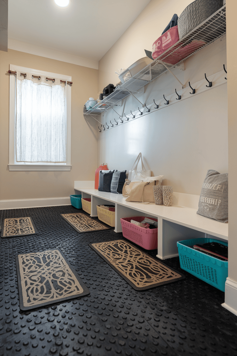 Mudroom with textured rubber flooring, featuring baskets and shelves