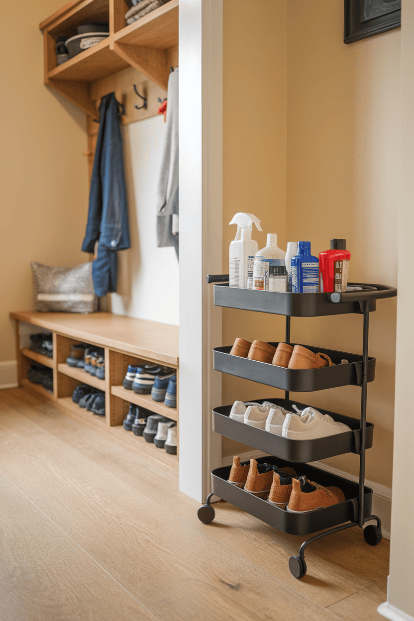 A black rolling cart with cleaning supplies and shoes, positioned in a cozy mudroom