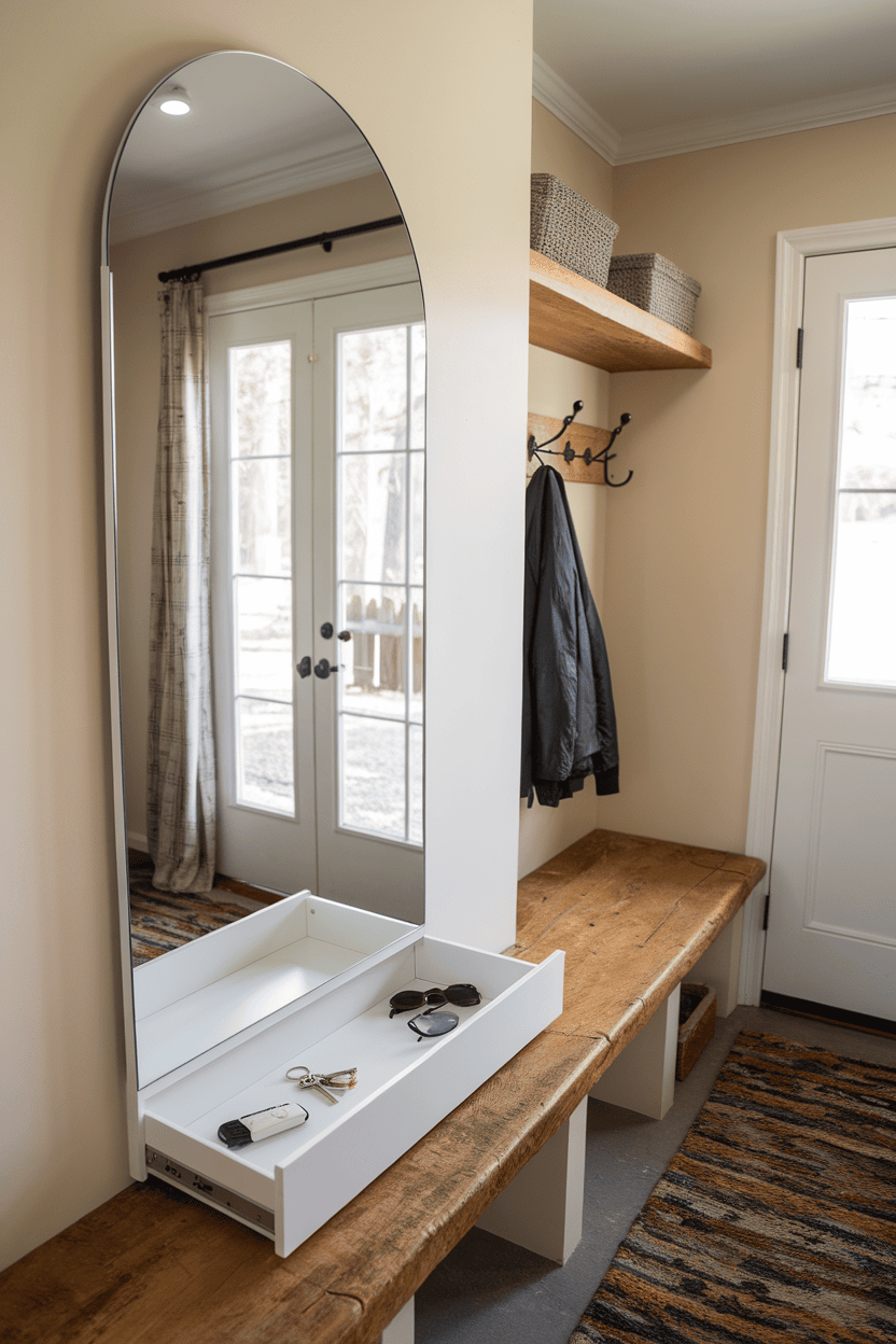 A mud room featuring an arched mirror with hidden storage, a wooden bench, and some hooks.