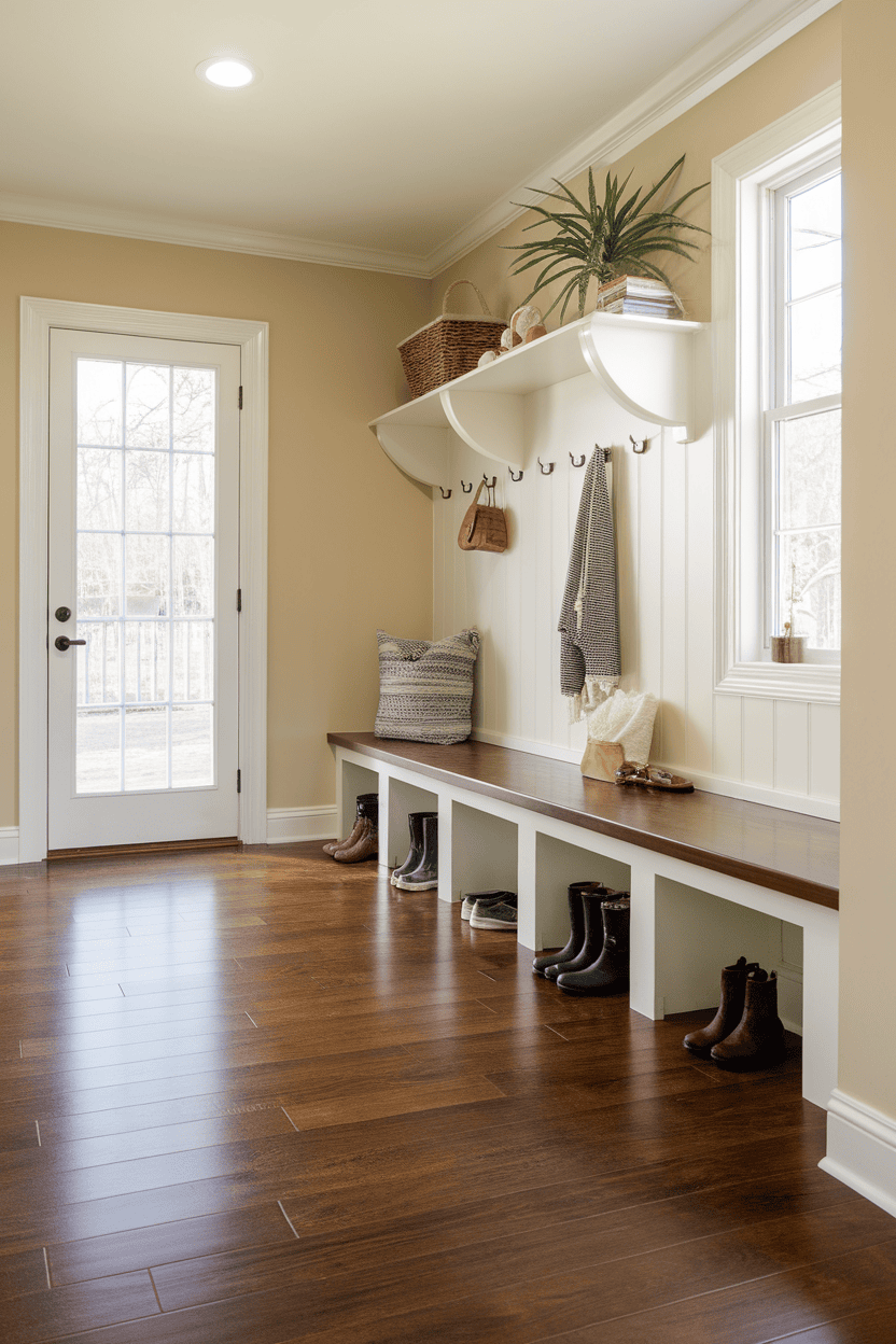 A stylish mudroom with dark laminate flooring, bright walls, and organized storage.